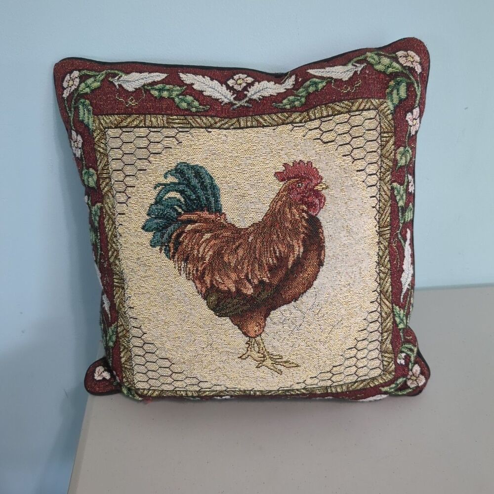 Country Rustic Farm Tapestry Rooster Decor Throw Pillow Floral Foliage